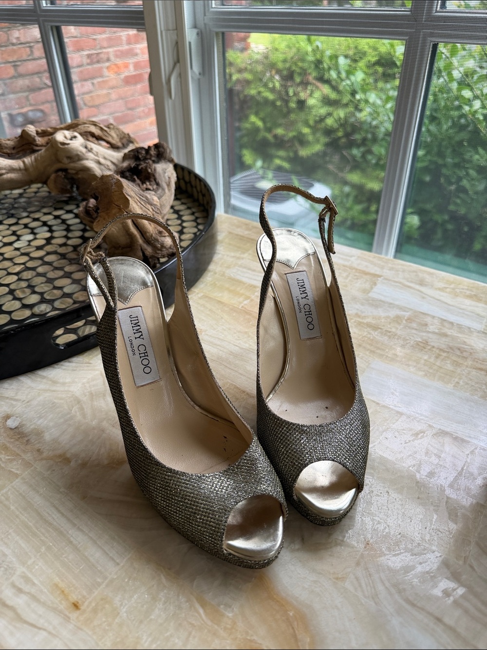 Jimmy Choo Metallic Gold Peep-Toe Slingback Heels